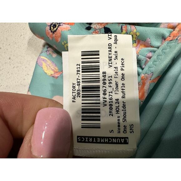Vineyard Vines One Shoulder Ruffle One piece Swimwear Flower Field Aqua S - Picture 4 of 7
